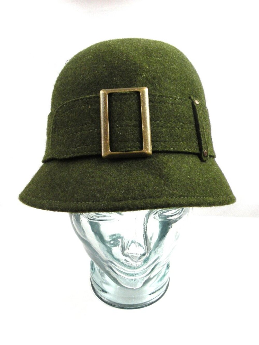 ADORA Green Cloche Bucket Hat with Gold Buckle Wool